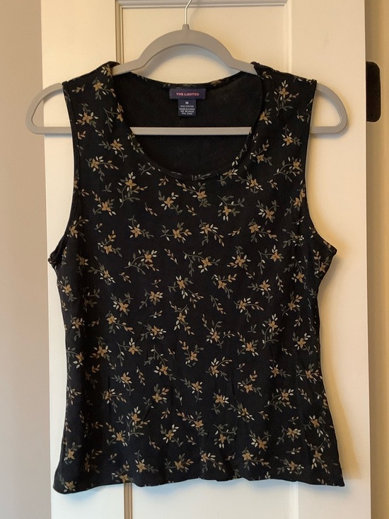 The Limited Tops - The Limited Black Floral Tank Top with Tan & Green Sprigs